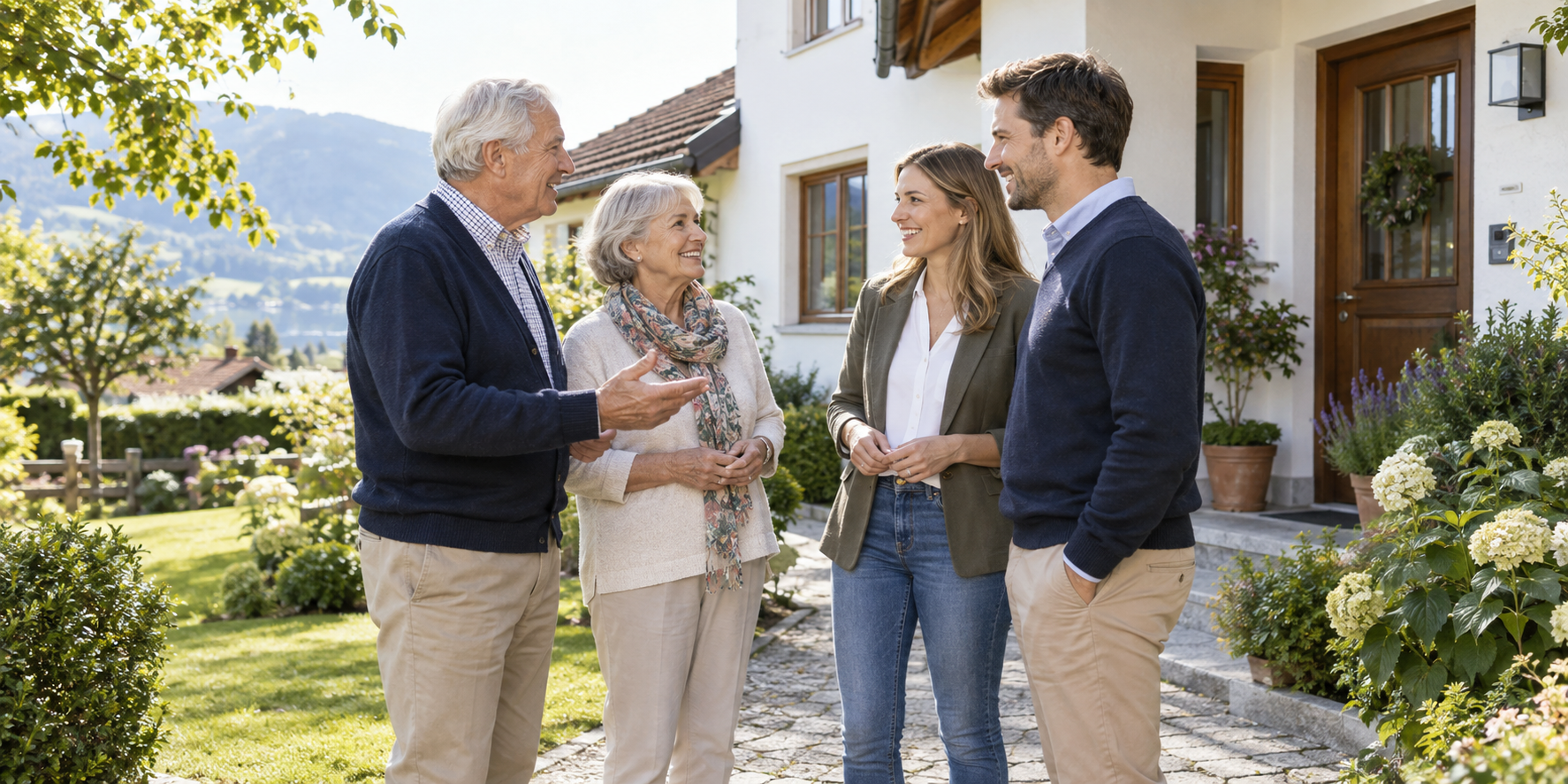 Älteres Paar und jüngere Familie vor einem österreichischen Wohnhaus